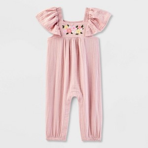 Baby Girls' Embroidered Ruffle Long Sleeve Romper - Cat & Jack™ Light Pink - 1 of 3