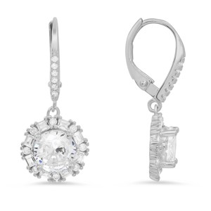 Sterling Silver Round and Baguette CZ Halo Leverback Earrings - 1 of 2