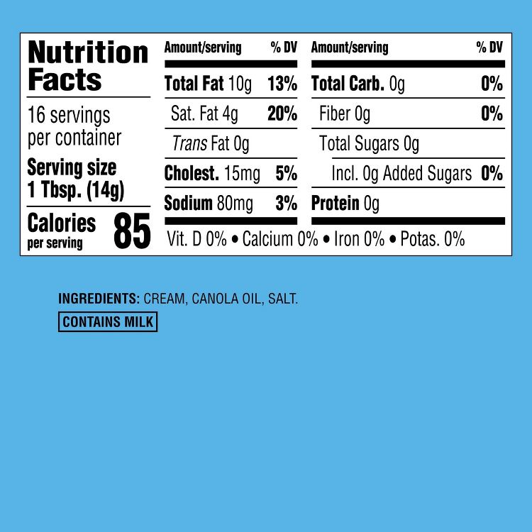Nutrition label for butter showing 85 calories per serving, with ingredients listed as cream, canola oil, and salt, and a note that it contains milk.