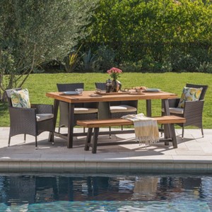 GDFStudio Preston Outdoor Acacia Wood and Wicker 6 Piece Dining Set - 1 of 4