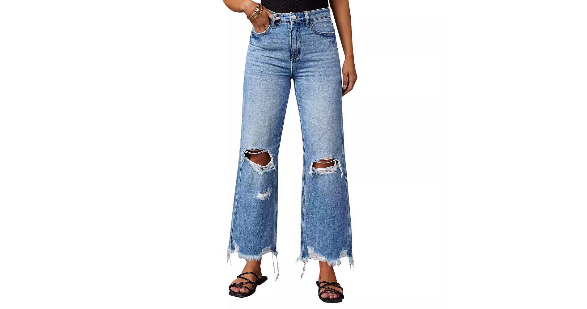 BLUEMING Womens Ripped Bell Bottom Jeans High Rise Distressed Raw Edge Fringes Hem Baggy Straight Denim Pants

, Blue - M
