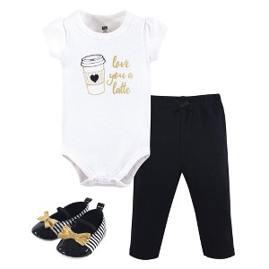 Hudson Baby Infant Girls Cotton Bodysuit, Pant and Shoe 3pc Set, Latte - 1 of 1