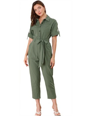 INSPIRE CHIC Women's Short Sleeve Collared Solid Color Button Down Tie Waist Cargo Jumpsuit
