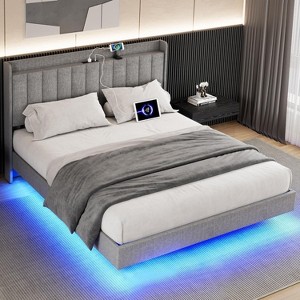 Whizmax Floating Bed Frame with LED Lights, Upholstered Platform Full Bed Frame with Charging Station, No Box Spring Needed - 1 of 4