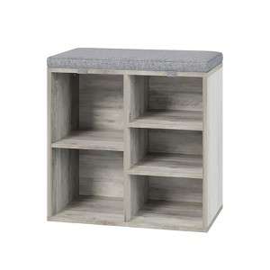 Shoe Bench with Storage Cushioned Seat, Wooden Shoe Rack Organizer Adjustable Shelves Side Pockets, Entryway Bench for Hallway Living Room - 1 of 4