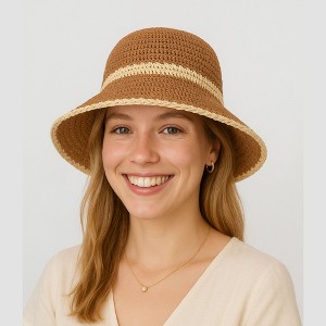 Anna-Kaci Packable Crochet Straw Bucket Hat with Two-Tone Design Lightweight Summer Sun Hat for Beach Travel Hiking Outdoor Use - 1 of 4