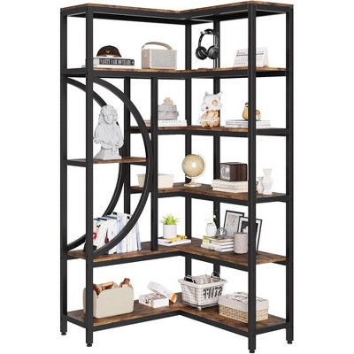 Industrial Corner Bookshelf with 6 Tier, L-Shaped Bookcase, Storage Rack, Wooden Shelf for Home, Office, Living Room, Bedroom, Brown