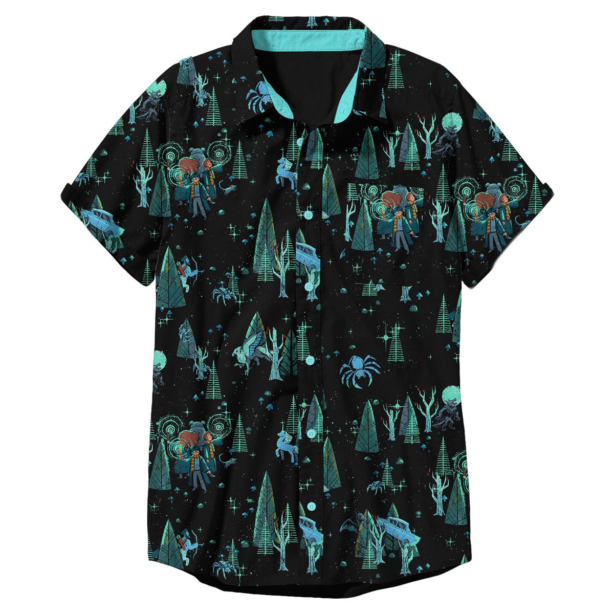 Men's Harry Potter Chamber of Secrets Forbidden Forest Pattern Button Down Shirt - thumbnail 3