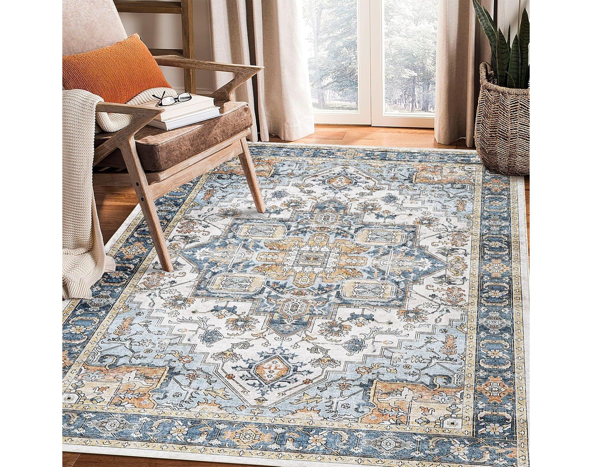 Large Washable Boho Vintage Area Rug Non-Slip Low Pile Machine Washable Carpet for Living Room, Bedroom, Office, Dining Room Kitchen