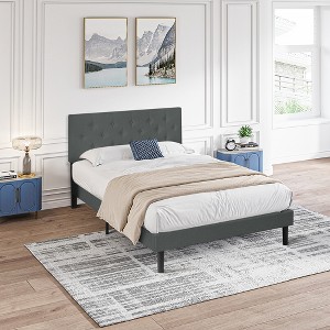 DOMETOUR Queen Upholstered Platform Bed Frame, Button Tufted Headboard, Wood Slats, No Box Spring, Easy Assembly, Dark Grey - 1 of 4