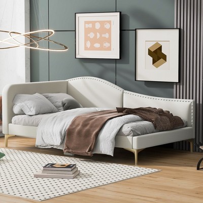 LOVMOR 77.55 Inch Twin Size Metal Floor Bed with House-shaped Headboard,No Box Spring Required,for Kids Teens Adults Bedroom,Easy Assembly，White