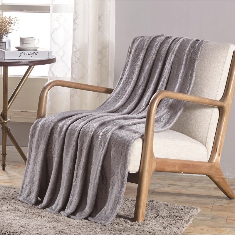 Dama Scroll All Season Embossed Pattern Ultra Soft and Cozy 50" x 60" Throw Blanket, Grey, 1 of 5