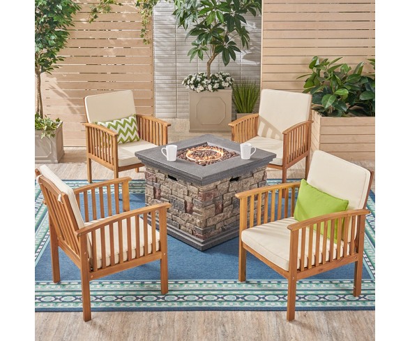 Carolina 5pc Acacia Club Chairs with Firepit - Brown/Cream - Christopher Knight Home