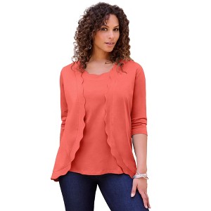 Roaman's Women's Plus Size Scalloped Cardigan And Tank Set - 1 of 4