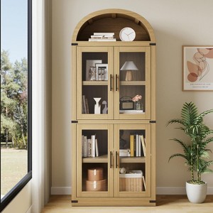 Garvee Arched Farmhouse Bookshelf with Doors 15.83in Depth L-Shaped Heavy Duty Wooden Bookcase, Oak - 1 of 4
