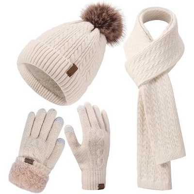ZUPPAD Winter Hat Scarf Gloves Set for Women, Classic Cable Beanie with Removable Pom Pom Long Scarf Touchscreen Gloves 3 in 1 Set