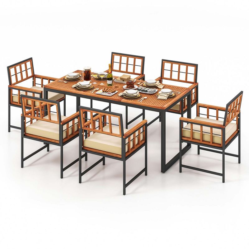 Costway 7 PCS Patio Dining Set Outdoor Acacia Wood Table with Soft Cushions Umbrella Hole, 2 of 11