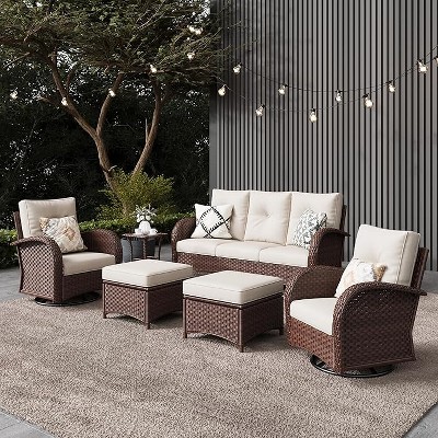 LayinSun Outdoor Patio Furniture Set, Brown Rattan Wicker Sectional Swivel Rocker Chairs Sets