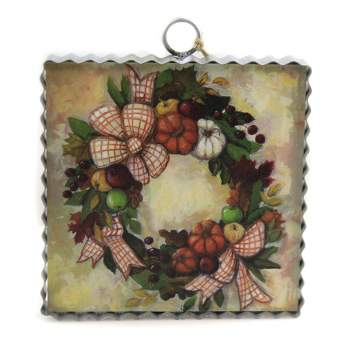 Thanksgiving Mini Harvest Wreath Print  -  One Plaque 7.0 Inches -  Pumpkins Fruit Berries  -  F20092  -  Wood  -  Brown