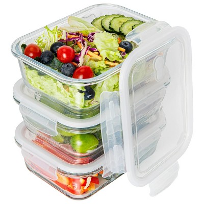 LunaLulinlk 1 Compartment (3 Pack) Glass Food Storage Containers with Lids, 3 Pack 34 Ounce Lunch Boxes, Airtight, Leak-Proof Locking Lids, BPA Free