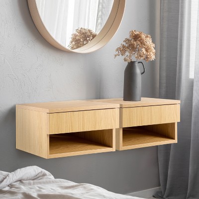 Light Oak Mid-Century Modern Floating Nightstand with Drawer
