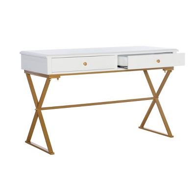 Trestle-Style White and Brass 2-Drawer Campaign Desk