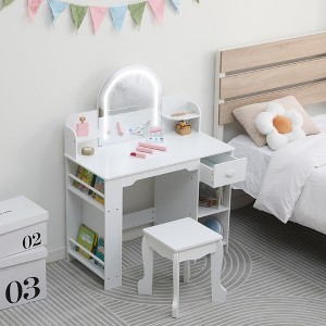 Kids Vanity with Lighted Mirror, 2 in 1 Little Girls Vanity Table & Stool, Kids Makeup with Bookshelf - 1 of 4