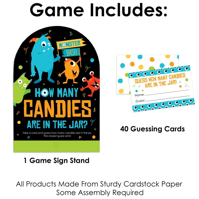 Big Dot of Happiness Monster Bash - How Many Candies Little Monster Birthday Party or Baby Shower Game - 1 Stand and 40 Cards - Candy Guessing Game, 3 of 9