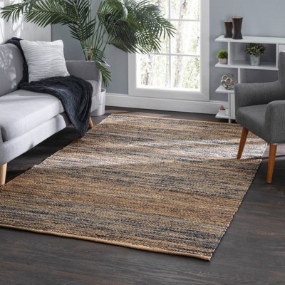 Handwoven Blue and Natural Jute Striped Square Rug