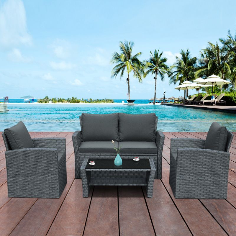 Tangkula 4-Piece Rattan Wicker Patio Outdoor Furniture Sofa Set with Cushions & Tempered Glass Table, 5 of 11