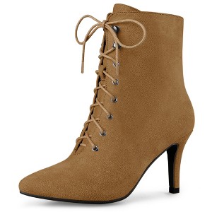 Allegra K Women's Pointy Toe Zip Lace Up Stiletto Heel Ankle Boots - 1 of 4