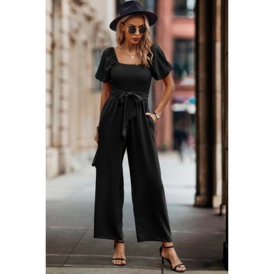 I AM A FASHION JUNKY Square Neck Puff Sleeve Belted Fit Jumpsuit