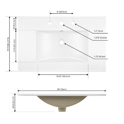 White Rectangular Ceramic Single Sink Vanity Top, 30"