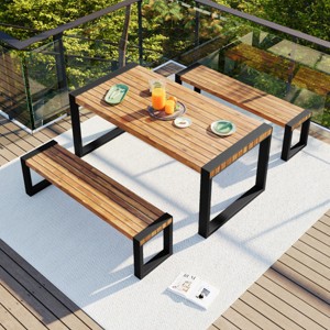 3 Pcs Dining Set, Dining Set with Benches and Table, Dining Set with Acacia Top and Steel Frame, All Weather Use Dining Set-Coolbibila - 1 of 4