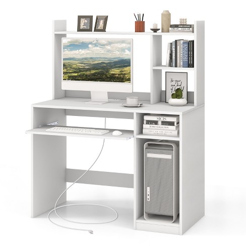 HOMCOM Farmhouse Computer Desk with Hutch and Cabinet, Home office Desk  with Storage, for Study, White