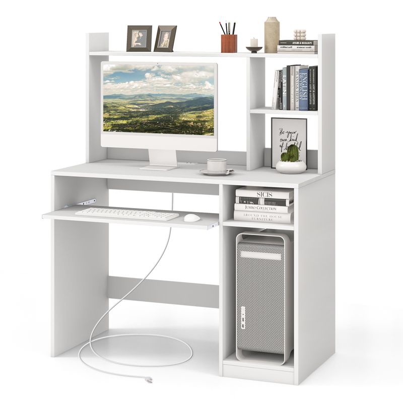Costway Computer Desk Study Bookcase Workstation with Charging Station Hutch & CPU Stand, 1 of 11