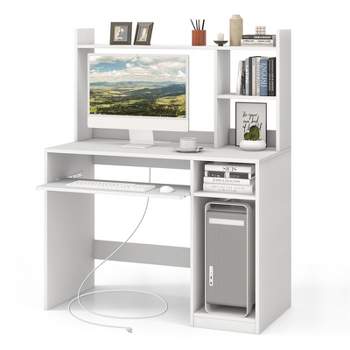 Costway Computer Desk Study Bookcase Workstation with Charging Station Hutch & CPU Stand