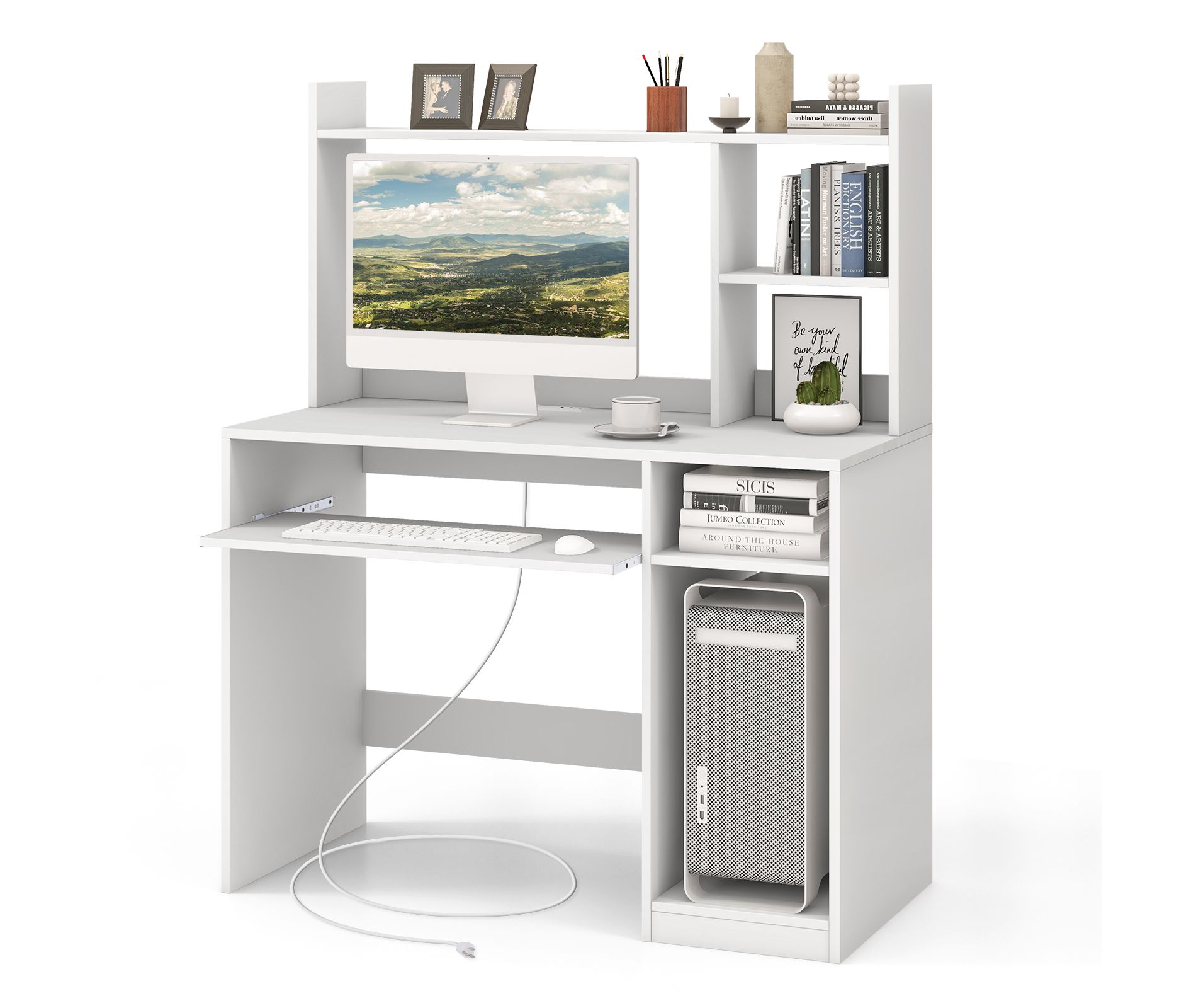 Costway Computer Desk Study Bookcase Workstation with Charging Station Hutch & CPU Stand