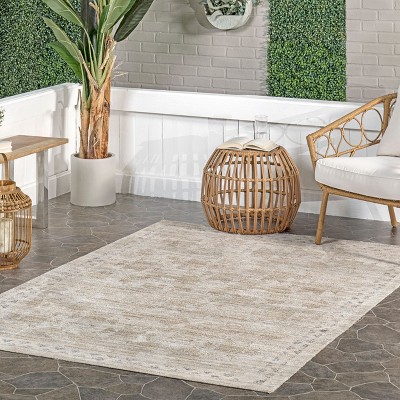 Beige Geometric Bordered 4' x 6' Washable Synthetic Area Rug