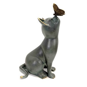 SPI Home Curiosity Garden Sculpture – 13" Cast Aluminum Cat and Butterfly Statue with Verdigris Finish for Whimsical Outdoor Decor - 1 of 4