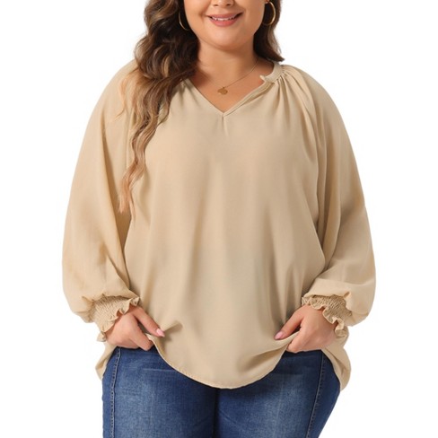 Agnes Orinda Women's Plus Size V Neck Smocked Puff Long Sleeve Ruffle Cuff Blouses - image 1 of 4