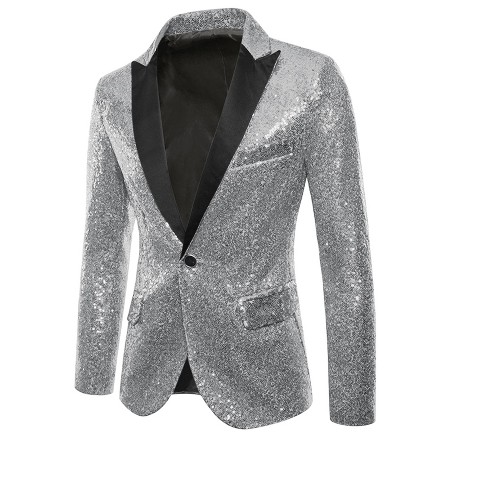 Lars Amadeus Men's Sequin Peak Laple Sparkly Party Show Glitter Sports Coat Silver Small