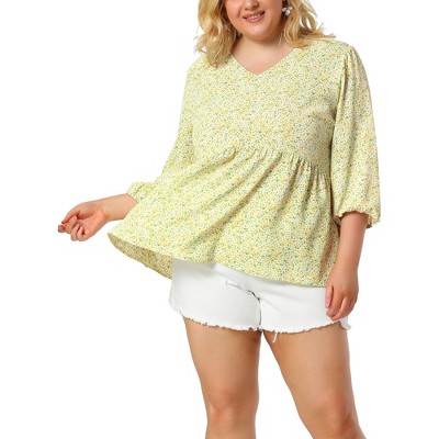 Agnes Orinda Women's Plus Size V Neck Babydoll 3/4 Lantern Sleeve Casual Floral Flowy Blouses