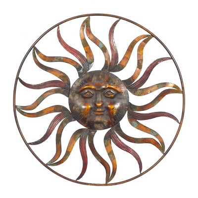 Metal Sunburst Indoor Outdoor Wall Decor with Distressed Copper Like Finish Brown - Olivia & May