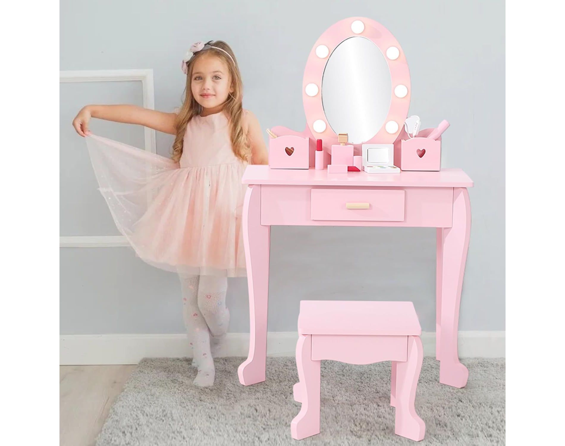 Acekool Kids Vanity Set with Lighted Mirror, Toddler Vanity Table, Chair & Pretend Makeup Playset, Pink for Girls Ages 4-9