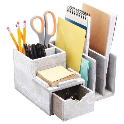 Juvale Gray Wooden Office Desk Storage Organizer - Memo Pad Holder, Drawers, Pen Holder, Mail Sorter