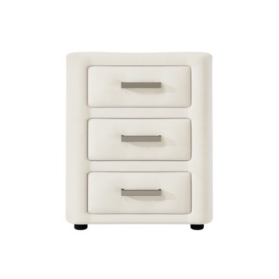 Gulches Nightstand, 23 Inch High in Beige, 3 Drawers, Wooden Legs, Velvet Surface Included