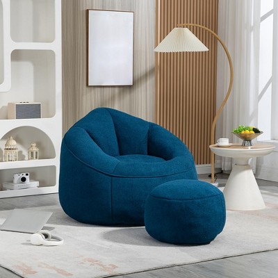 Bean Bag Sofa, Deluxe Upholstered Bean Bag Couch with Back Padded, Gaming Bean Bag Chair with Footstool for Living Room, Bedroom, Apartment Blue