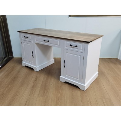 60" Executive Desk with Drawers, Farmhouse Home Office Desk with Storage Cabinets, Wood Computer Writing Desks for Home, Study, Work, Antique White