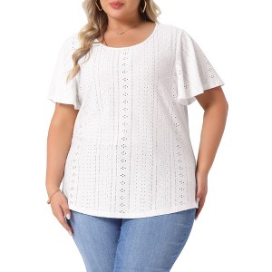 Agnes Orinda Women's Plus Size Eyelet Embroidered Round Neck Flare Sleeve Casual Summer Blouses - 1 of 4
